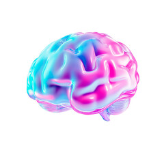 3d glass holographic icon brain. Rainbow crystal material with pink blueneon  gradient. 3D illustration on png