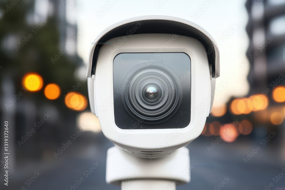 Poster a close-up of a security camera focused on an urban environment, capturing the essence of surveillan