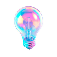 3d glass holographic icon bulb. Rainbow crystal material with pink blueneon  gradient. 3D illustration on png