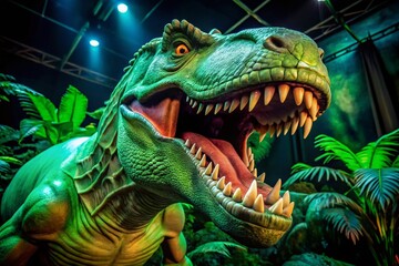 Obraz premium Colossal Green Tyrannosaurus Rex Devouring Food; Museum Exhibit Night Photography