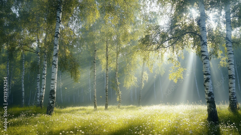 Poster sunlight softly cascades through a grove of birch trees, illuminating a tranquil forest glade adorne