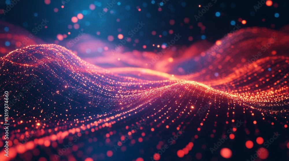 Poster abstract colorful waves of light with particles in motion