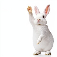 Fototapeta premium A whimsical white rabbit with its arms up in a playful gesture exuding elegance and joy in a delightful setting