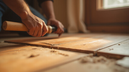 A craftsman repairs wooden flooring with a chisel, showcasing skillful hands and detailed craftsmanship in a warm, inviting interior setting.