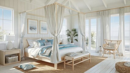 Serene coastal bedroom with ocean-inspired colors and breezy design