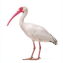 Fototapeta premium Elegant white ibis bird with pink beak displayed on a bright white background perfect for artistic nature photography