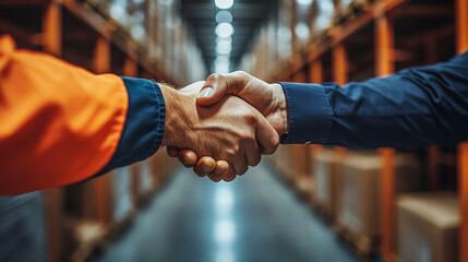 Closeup handshake between workers in orange and blue uniforms in warehouse