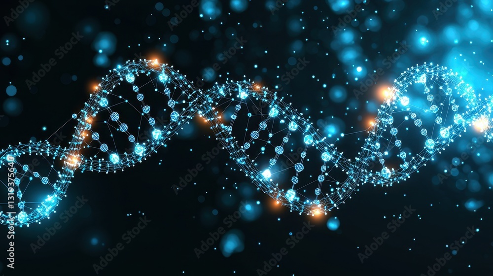 Poster a vibrant dna helix with glowing particles, illustrating the complexity and beauty of genetic struct