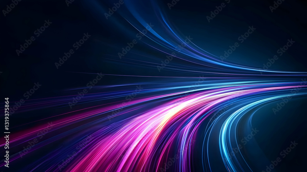 Poster vivid beams of light in motion blur effect with a spectrum of colors against dark background