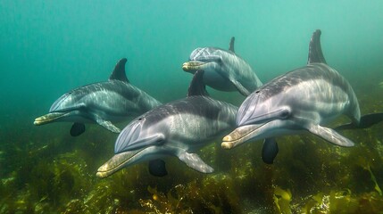 Dolphins swimming playfully in underwater kelp forest natural habitat marine life aquatic environment close-up view