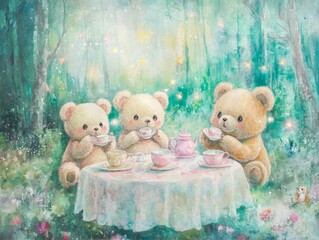 Teddy Bears Enjoying Tea Party in Enchanted Forest Glade Watercolor Style Artwork with Magical Light