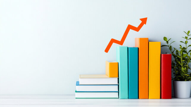 A colorful stack of books with an upward arrow and a small plant, symbolizing growth and knowledge in a bright and minimalistic setting.