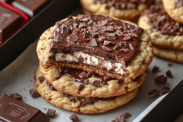 Stacked chocolate cookies with a creamy filling topped with chocolate shavings A delicious dessert perfect for satisfying sweet cravings