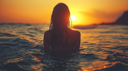 Fototapeta premium Serene Young Woman in the Ocean at Sunset, Gazing at the Horizon