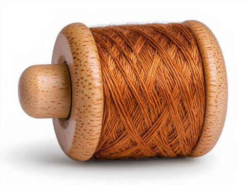 A wooden thread spool holder featuring a stringing cord positioned on an isolated white background for crafting needs