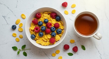 Bowl of cereal with berries and a cup of tea - Healthy breakfast concept - Food blog post