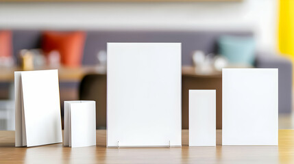 Various Blank White Paper Mockups Arranged On Wooden Table In Restaurant Interior with Selective Focus