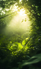 Obraz premium Sunlit foliage panorama through a verdant forest, nature's embrace, calming backdrop.