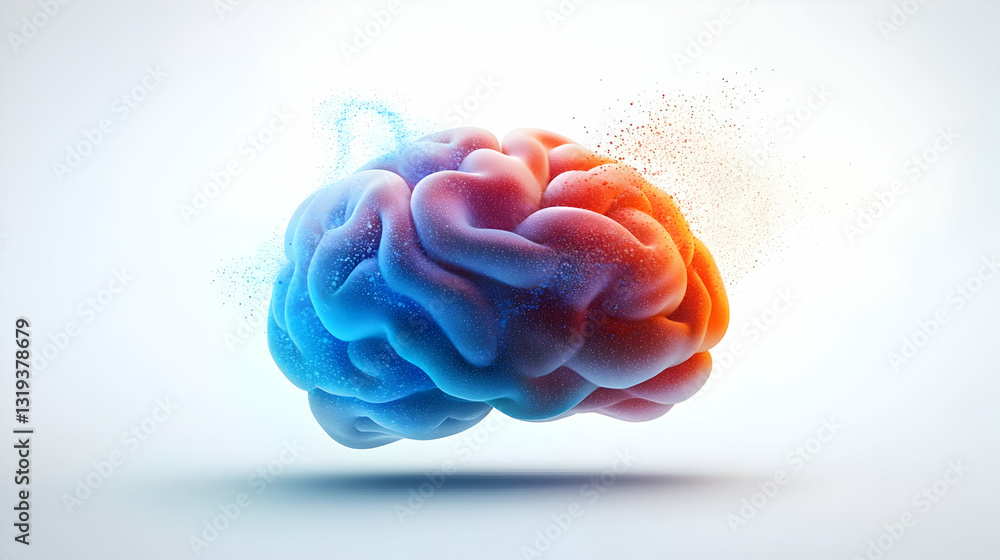 Poster 3d rendered brain with blue and red colors and particle effects on white background