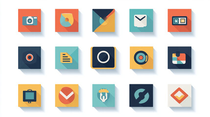 A colorful grid of 12 flat design icons representing various applications, including a camera, email, file, and media controls, all featuring subtle shadows for depth.