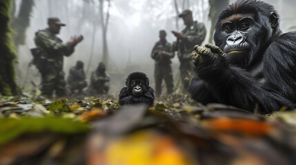 Obraz premium Wildlife conservation efforts rainforest nature photography misty environment close-up view endangered species awareness