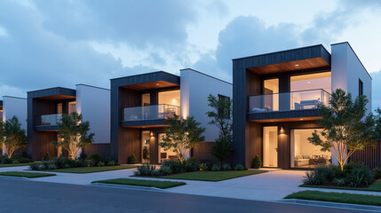 Fototapeta premium Modern houses with large windows and balconies, surrounded by greenery, create serene atmosphere