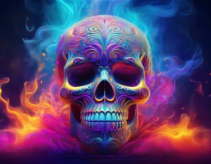 Fototapeta premium Generated image A surreal Día de Muertos-inspired design featuring a glowing skull surrounded by swirling