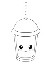 A cute cup for drinks with a lid and a drinking straw. A glass with a cute face - an emoticon. Vector linear picture for coloring.	
