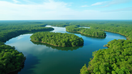 Lush green islands surrounded by calm water create serene landscape. vibrant foliage reflects beautifully in tranquil river