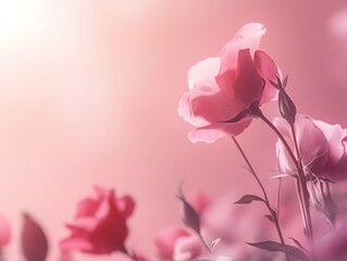 Obraz premium Rose Elegance in Pink Hues: Delicate pink roses bloom gracefully, bathed in soft light, conveying beauty, serenity, and the tender touch of nature's artistry. 