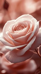 Rose Elegance: An enchanting close-up of a delicate rose in full bloom, its soft, layered petals painted in a palette of gentle pink and peach hues.
