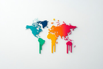 A colorful artistic representation of the world map, featuring vibrant hues and paint drip effects on a clean background.