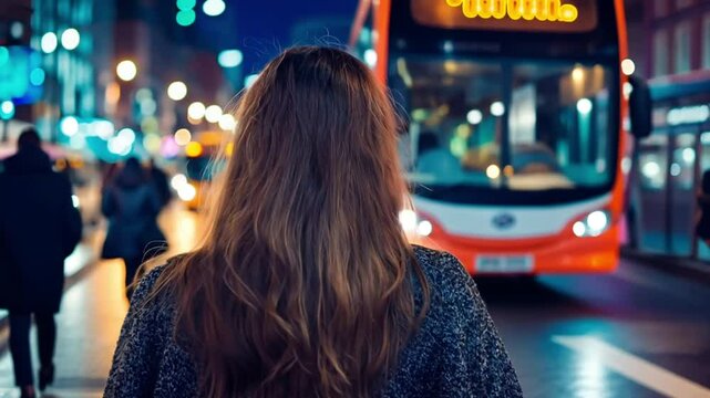 A brunette woman waits for an oncoming bus along a busy city street under bright lights. Concept of urban commuting and the fast pace of modern nightlife.