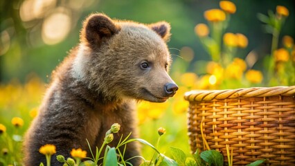 Obraz premium Young brown bear cub sitting amidst vibrant wildflowers, near a wicker basket in a sun-drenched meadow