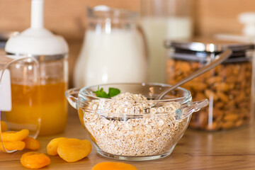 breakfast food set on wooden table