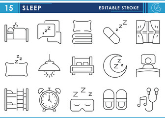 A set of line icons related to Sleep. Rest, bed, pillow, window, alarm, music, relax, and so on. Vector editable stroke.