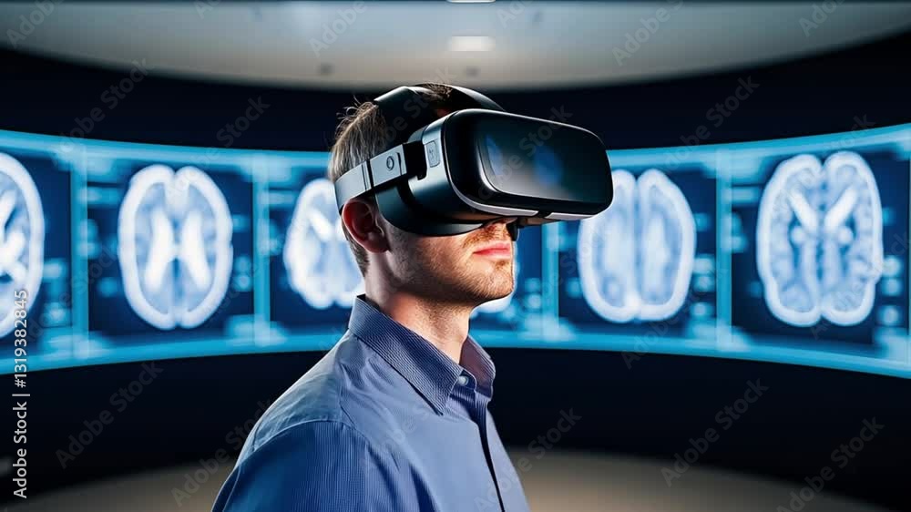Poster a dedicated man in vr gear studies dynamic digital images of human brain structures. concept of inno