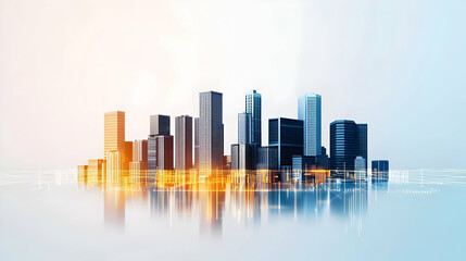 Obraz premium Illuminated Futuristic Cityscape With Modern Architecture and Digital Network Connections Reflected on Surface at Twilight