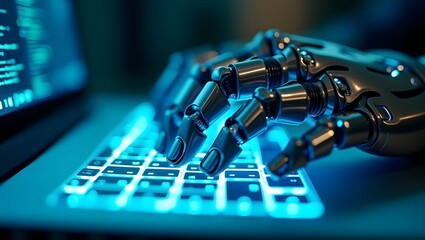 Robotic hand typing on a backlit keyboard with computer code