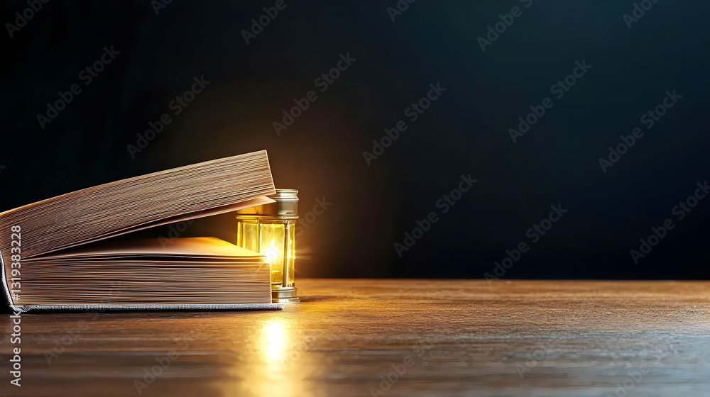 Poster open antique book with glowing golden light emitting from pages on rustic wooden table in a dark bac