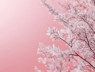 Naklejka premium Blossoming Pink Elegance: Delicate branches adorned with soft, pale leaves gently cascade across a gradient pink backdrop, evoking feelings of peace and tranquility.