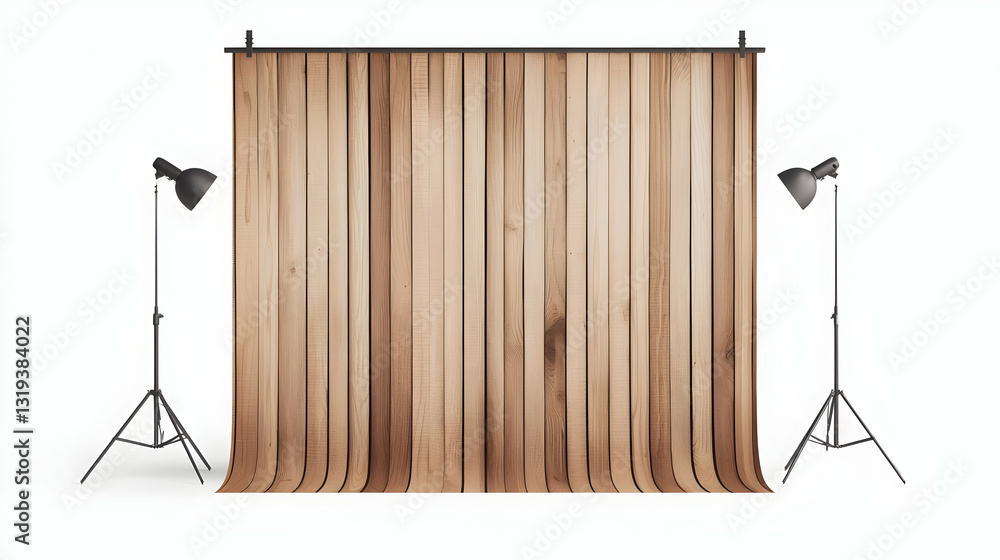Poster rustic brown wooden backdrop with vertical planks texture in photo studio setting with two spotlight
