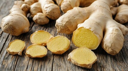 Freshly Harvested Ginger Root with Detailed Texture on Rustic Wooden Table