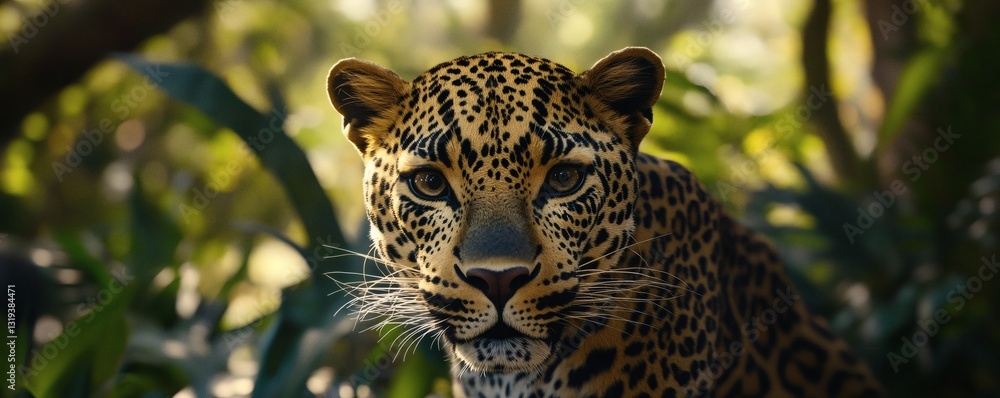 Poster a beautiful leopard looks directly towards the viewer of this image
