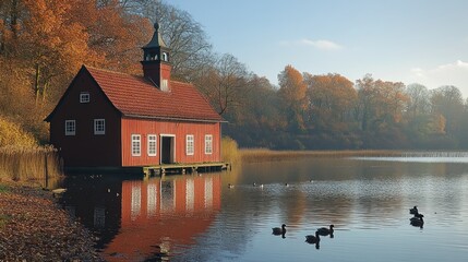 Picturesque red wooden building by a serene lake in autumn