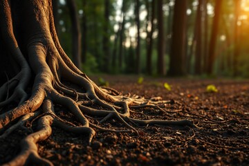 Fototapeta premium Close-Up of Tree Roots in a Forest at Sunset