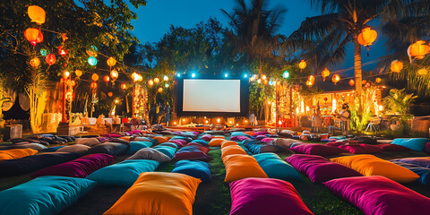 Vibrant Bollywood Outdoor Movie Night with Colorful Lights for Cultural Events, Film Festivals, or Community Gatherings