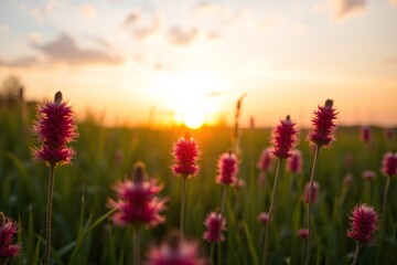 Obraz premium Vibrant Wildflowers in a Field at Sunset with Golden Light