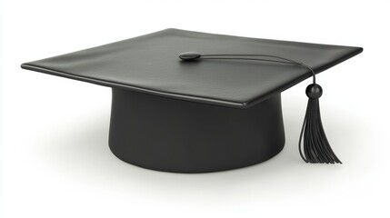 A black graduation cap with tassel isolated on white background, perfect for education concepts and celebratory designs.