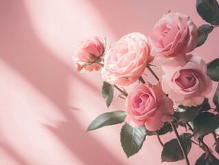Delicate Roses: A captivating display of pink roses, showcasing soft petals and lush foliage against a backdrop of soft pink, creating a sense of elegance and serenity. 